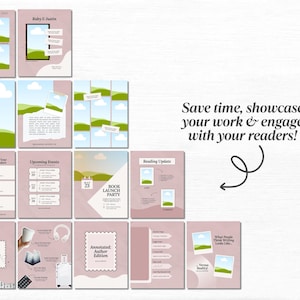 K&ouml;nnte beinhalten: Eine Sammlung von rosa und wei&szlig;en Vorlagen f&uuml;r Social-Media-Posts, mit Platz f&uuml;r Bilder und Text. Die Vorlagen umfassen Designs f&uuml;r Buchstarts, Autoren-Editionen und Lesungs-Updates. Der Text auf dem Bild lautet: "Sparen Sie Zeit, pr&auml;sentieren Sie Ihre Arbeit und binden Sie Ihre Leser ein!"
