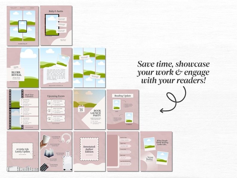 K&ouml;nnte beinhalten: Eine Sammlung von rosa und wei&szlig;en Vorlagen f&uuml;r Social-Media-Posts, mit Platz f&uuml;r Bilder und Text. Die Vorlagen umfassen Designs f&uuml;r Buchstarts, Autoren-Editionen und Lesungs-Updates. Der Text auf dem Bild lautet: "Sparen Sie Zeit, pr&auml;sentieren Sie Ihre Arbeit und binden Sie Ihre Leser ein!"