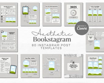 May include: A set of 80 Instagram post templates for bookstagram featuring a variety of layouts and designs. The templates are in a light gray color scheme with green accents and feature illustrations of books, clouds, and landscapes. The text "Aesthetic Bookstagram" is written in a stylized font.