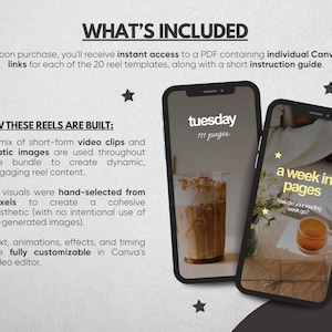 K&ouml;nnte beinhalten: Ein digitales Produktangebot mit zwei Smartphone-Bildschirmen, die Social-Media-Reel-Vorlagen anzeigen. Der Text enth&auml;lt WHAT'S INCLUDED, HOW THESE REELS ARE BUILT, tuesday 111 pages und a week in pages how did your reading week go?