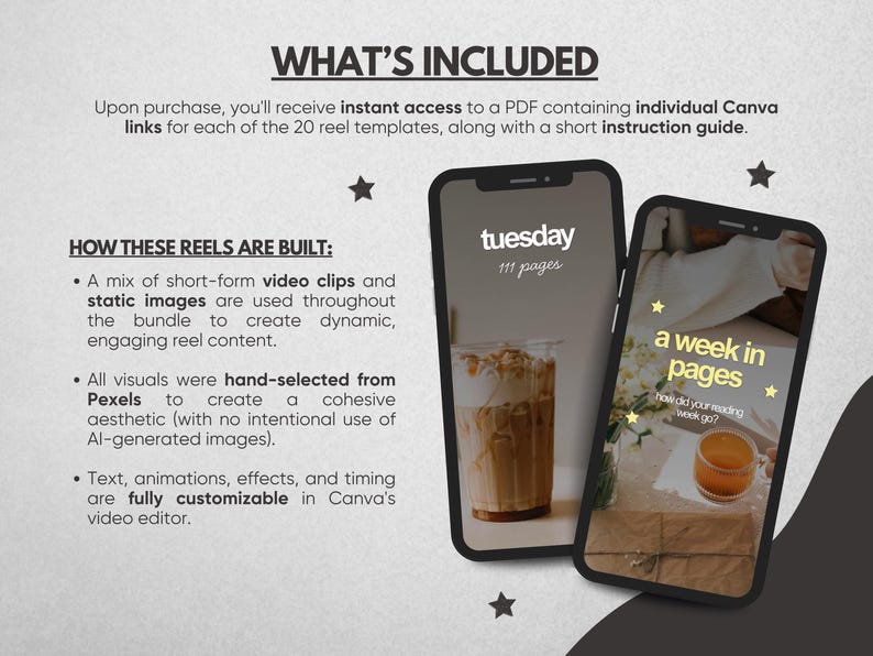 K&ouml;nnte beinhalten: Ein digitales Produktangebot mit zwei Smartphone-Bildschirmen, die Social-Media-Reel-Vorlagen anzeigen. Der Text enth&auml;lt WHAT'S INCLUDED, HOW THESE REELS ARE BUILT, tuesday 111 pages und a week in pages how did your reading week go?