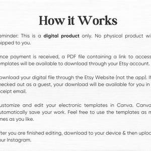 Peut inclure: Comment &ccedil;a marche. Il s'agit d'un produit num&eacute;rique uniquement. Aucun produit physique ne vous sera exp&eacute;di&eacute;. Une fois le paiement re&ccedil;u, un fichier PDF contenant un lien pour acc&eacute;der aux mod&egrave;les sera disponible en t&eacute;l&eacute;chargement via votre compte Etsy. T&eacute;l&eacute;chargez votre fichier num&eacute;rique via le site Web Etsy (pas l'application). Si vous avez effectu&eacute; votre achat en tant qu'invit&eacute;, votre t&eacute;l&eacute;chargement sera disponible pour vous dans votre e-mail de confirmation. Personnalisez et modifiez vos mod&egrave;les &eacute;lectroniques dans Canva. Canva enregistrera automatiquement votre travail. N'h&eacute;sitez pas &agrave; utiliser les mod&egrave;les autant de fois que vous le souhaitez. Une fois que vous avez termin&eacute; la modification, t&eacute;l&eacute;chargez-les sur votre appareil et chargez-les ensuite sur votre Instagram.