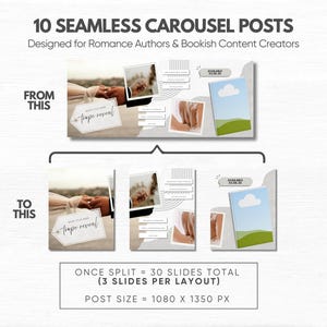 May include: A digital template set titled 10 SEAMLESS CAROUSEL POSTS Designed for Romance Authors & Bookish Content Creators. It displays layouts for social media, showing a transition from a wide view to three individual slides, with text labels.