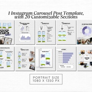 May include: A digital Instagram carousel post template with 20 customizable sections. The template includes sections for reading stats, monthly favorites, and travel photos. The text "A Year of Books 2025 Edition" is visible. The template is portrait size, 1080 x 1350 px.