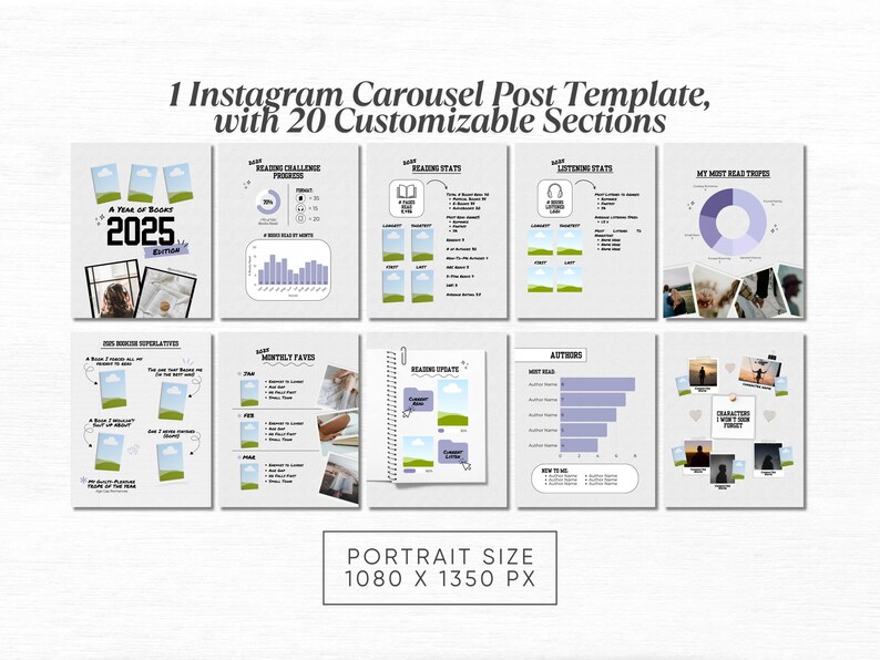 May include: A digital Instagram carousel post template with 20 customizable sections. The template includes sections for reading stats, monthly favorites, and travel photos. The text "A Year of Books 2025 Edition" is visible. The template is portrait size, 1080 x 1350 px.
