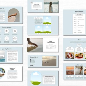 May include: A presentation about a retreat with images of a beach, a person meditating, and a sample itinerary. The text on the slides includes "Why Choose Us?", "Retreat Highlights", "Upcoming Retreats", "About The Location", "Meet The Team", "Connect With Us", "Client Transformation", "Meals", "Sample Itinerary", "Local Attractions", and "Meet Your Host".