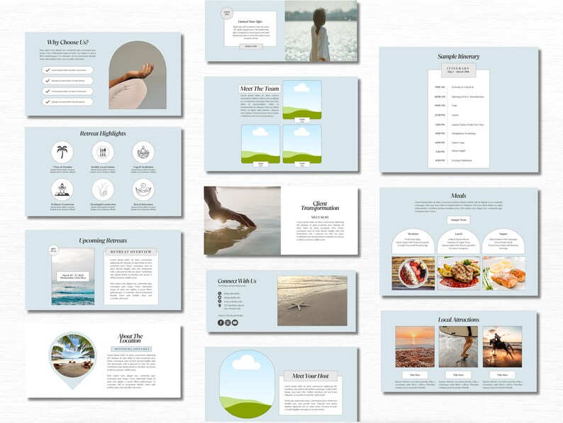 May include: A presentation about a retreat with images of a beach, a person meditating, and a sample itinerary. The text on the slides includes "Why Choose Us?", "Retreat Highlights", "Upcoming Retreats", "About The Location", "Meet The Team", "Connect With Us", "Client Transformation", "Meals", "Sample Itinerary", "Local Attractions", and "Meet Your Host".