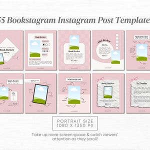 May include: 55 Instagram post templates for bookstagram featuring a pink background with illustrations of books and clouds. The templates are designed for portrait orientation with a size of 1080 x 1350 pixels.