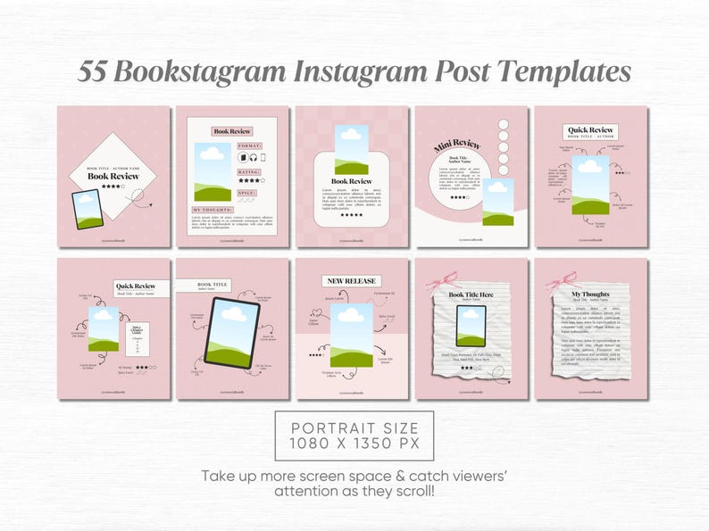 May include: 55 Instagram post templates for bookstagram featuring a pink background with illustrations of books and clouds. The templates are designed for portrait orientation with a size of 1080 x 1350 pixels.