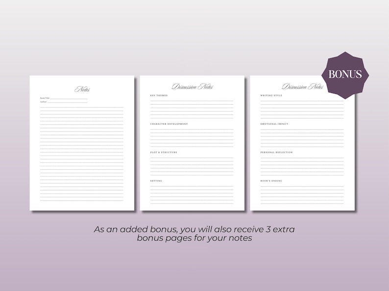 May include: Three printable pages for taking notes on writing. The pages are titled "Notes", "Discussion Notes", and "Discussion Notes". The pages have lines for writing and headings for different topics.