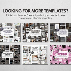 May include: A digital collection of social media templates featuring six distinct sets with text labels including The Complete Romance Author Social Media & Book Launch Bundle, Indie Author Book Launch Bundle, Romance Author Reel Templates, Author Reel Cover Templates, Book Promo Seamless Carousels, and Romance Author Book Promotion.