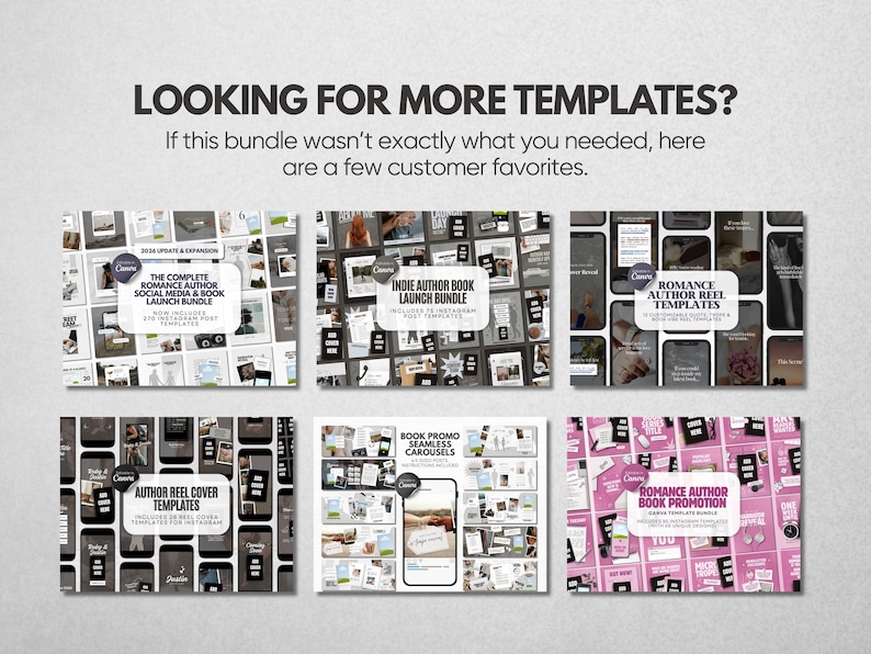 May include: A digital collection of social media templates featuring six distinct sets with text labels including The Complete Romance Author Social Media & Book Launch Bundle, Indie Author Book Launch Bundle, Romance Author Reel Templates, Author Reel Cover Templates, Book Promo Seamless Carousels, and Romance Author Book Promotion.