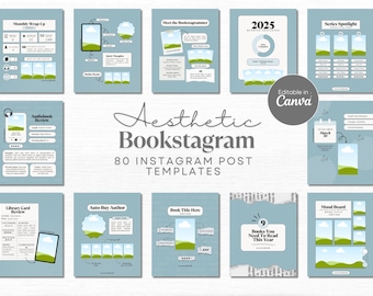 May include: A set of 80 Instagram post templates for bookstagram featuring a blue and green color scheme with illustrations of clouds, hills, and books. The text "Aesthetic Bookstagram" and "80 Instagram Post Templates" is included in the image. The text "Editable in Canva" is also included in the image.