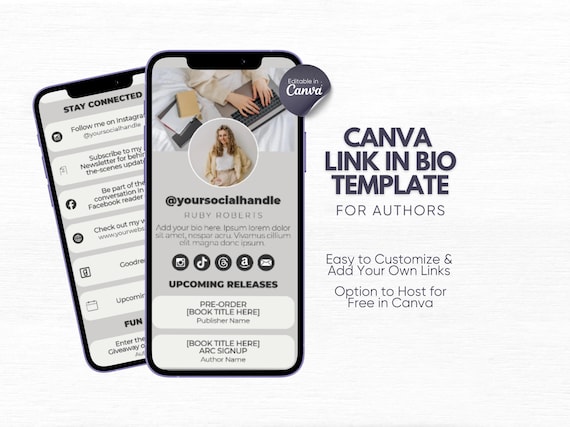 Canva Link in Bio Template for Author Social Media Bio Link for Indie Romance Author Book Promotion Instagram Landing Page TikTok Bio Links