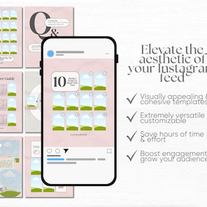 May include: A pink and white Instagram post template with a green and blue design. The template includes a title that says "10 Books I Want To Read This Year" and a grid of 10 squares. The post also includes a caption that says "Elevate the aesthetic of your Instagram feed".