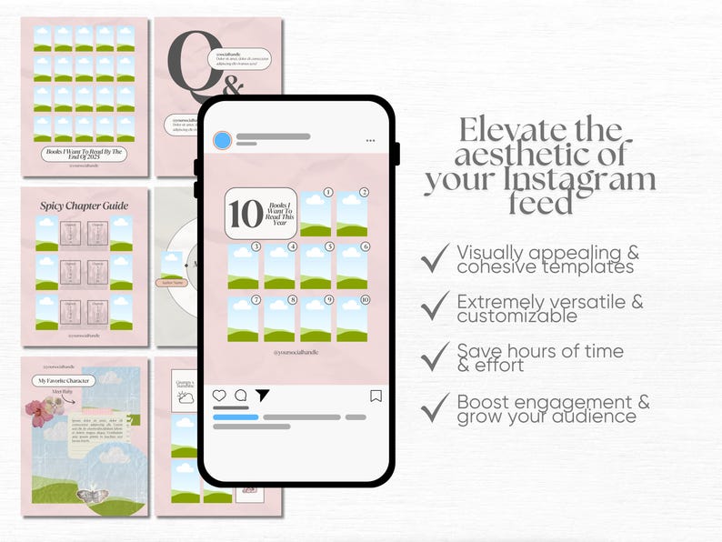 May include: A pink and white Instagram post template with a green and blue design. The template includes a title that says "10 Books I Want To Read This Year" and a grid of 10 squares. The post also includes a caption that says "Elevate the aesthetic of your Instagram feed".