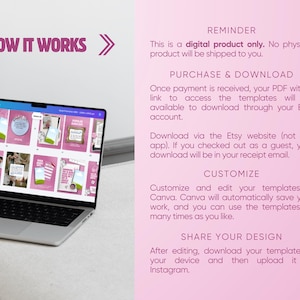 K&ouml;nnte beinhalten: Ein Laptop, der ein Raster aus Social-Media-Vorlagen in Rosat&ouml;nen auf dem Bildschirm anzeigt. Rechts daneben befinden sich Textanweisungen unter den &Uuml;berschriften HOW IT WORKS, REMINDER, PURCHASE & DOWNLOAD, CUSTOMIZE und SHARE YOUR DESIGN.