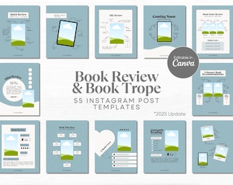 May include: A set of 55 Instagram post templates for book reviews and book tropes. The templates feature a blue background with white text and illustrations of books, clouds, and landscapes. The text includes "Book Review & Book Trope", "55 Instagram Post Templates", and "*2025 Update".