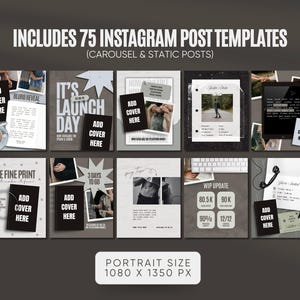 K&ouml;nnte beinhalten: Ein Bild mit 75 Instagram-Post-Vorlagen, darunter Designs f&uuml;r Karussells und statische Beitr&auml;ge. Die Vorlagen enthalten Text&uuml;berlagerungen wie &bdquo;It's Launch Day&ldquo; und &bdquo;The Fine Print&ldquo;. Das Bild hat das Format Portrait, 1080 x 1350 px, oder 38.1 x 47.6 cm.