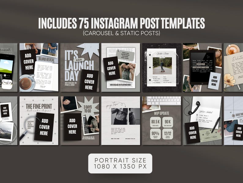 K&ouml;nnte beinhalten: Ein Bild mit 75 Instagram-Post-Vorlagen, darunter Designs f&uuml;r Karussells und statische Beitr&auml;ge. Die Vorlagen enthalten Text&uuml;berlagerungen wie &bdquo;It's Launch Day&ldquo; und &bdquo;The Fine Print&ldquo;. Das Bild hat das Format Portrait, 1080 x 1350 px, oder 38.1 x 47.6 cm.