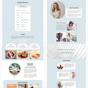 May include: A website design template for a retreat or workshop. The template features a blue and white color scheme with images of people, food, and a beach. The text on the page includes "Sample Itinerary", "Meals", "Meet The Team", "Testimonials", "About The Location", and "Local Attractions".