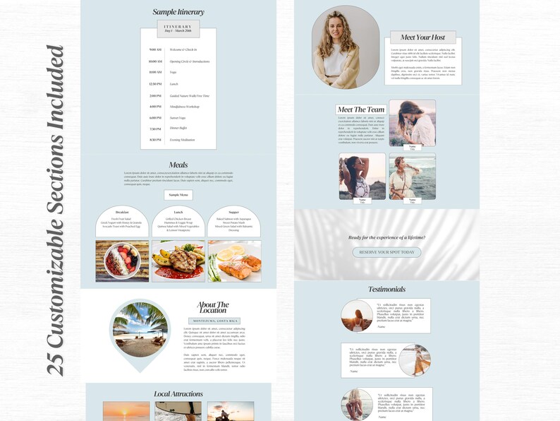 May include: A website design template for a retreat or workshop. The template features a blue and white color scheme with images of people, food, and a beach. The text on the page includes "Sample Itinerary", "Meals", "Meet The Team", "Testimonials", "About The Location", and "Local Attractions".