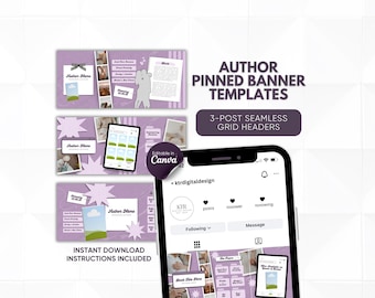 Op de afbeelding: Afbeelding van digitale auteurspinned bannertemplates. De sjablonen zijn in een zacht paars kleurenschema en hebben een naadloos 3-post raster header ontwerp. De afbeelding bevat een smartphone met een Instagram-profiel en de tekst "Editable in Canva".