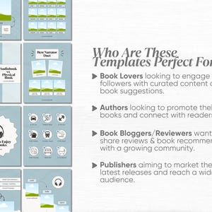 Puede incluir: Un conjunto de plantillas de redes sociales de color azul claro con texto y gr&aacute;ficos blancos. Las plantillas est&aacute;n dise&ntilde;adas para amantes de los libros, autores, blogueros de libros y editores. El texto incluye "Audiobook vs Physical Book".