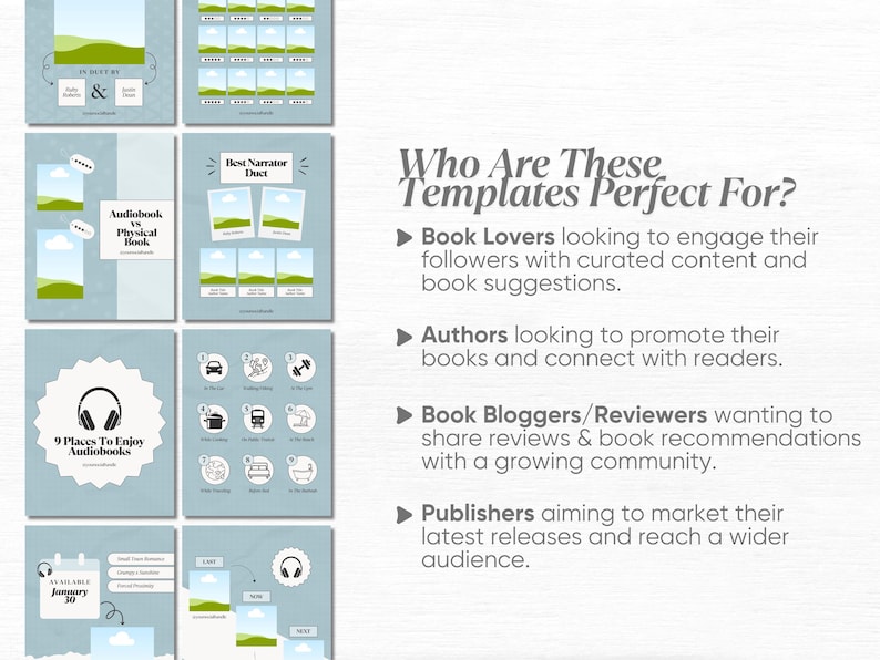 Puede incluir: Un conjunto de plantillas de redes sociales de color azul claro con texto y gr&aacute;ficos blancos. Las plantillas est&aacute;n dise&ntilde;adas para amantes de los libros, autores, blogueros de libros y editores. El texto incluye "Audiobook vs Physical Book".