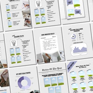May include: A collection of white paper pages with various layouts for a book journal. The pages include sections for monthly favorites, reading stats, bookish goals, and reading challenge progress. The pages are decorated with photos and graphics.