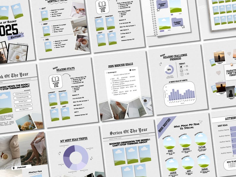 May include: A collection of white paper pages with various layouts for a book journal. The pages include sections for monthly favorites, reading stats, bookish goals, and reading challenge progress. The pages are decorated with photos and graphics.