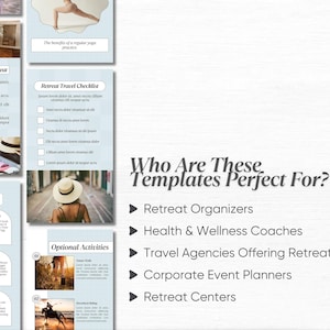 May include: A set of printable templates for retreat organizers, health and wellness coaches, travel agencies offering retreats, corporate event planners, and retreat centers. The templates include a packing list, sample menu, optional activities, and a retreat travel checklist.