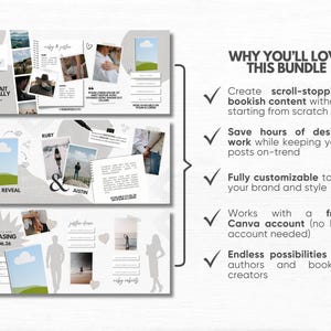 May include: A digital marketing bundle for social media featuring three horizontal templates with photo collages, text placeholders, and book cover graphics. The right side lists benefits including scroll-stopping content, time-saving design, and full customizability for Canva users.