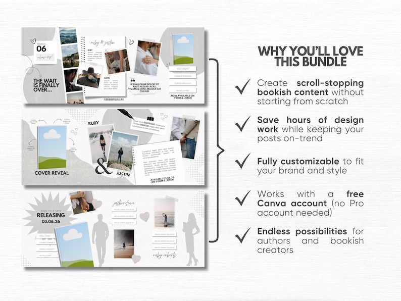 May include: A digital marketing bundle for social media featuring three horizontal templates with photo collages, text placeholders, and book cover graphics. The right side lists benefits including scroll-stopping content, time-saving design, and full customizability for Canva users.