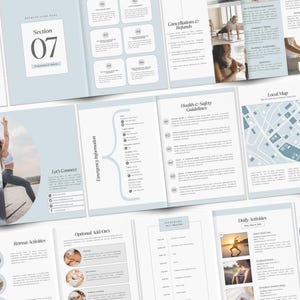 May include: A blue and white brochure with the title "Section 07" and the text "Emergency Information", "Health & Safety Guidelines", "Let's Connect", "Optional Add-Ons", "Retreat Activities", "Daily Activities", "Client Testimonials", "Local Map", and "Cancellation & Refunds".