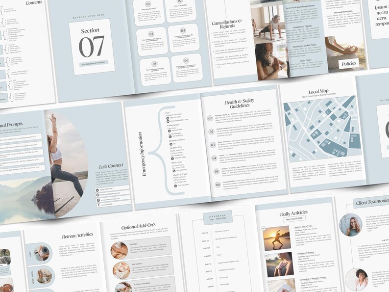 May include: A blue and white brochure with the title "Section 07" and the text "Emergency Information", "Health & Safety Guidelines", "Let's Connect", "Optional Add-Ons", "Retreat Activities", "Daily Activities", "Client Testimonials", "Local Map", and "Cancellation & Refunds".
