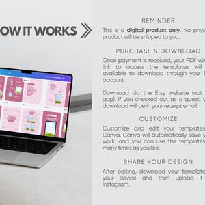 May include: A laptop displaying a grid of pink social media templates on its screen. The text on the right side reads: HOW IT WORKS, REMINDER, This is a digital product only, PURCHASE & DOWNLOAD, CUSTOMIZE, and SHARE YOUR DESIGN with instructions.