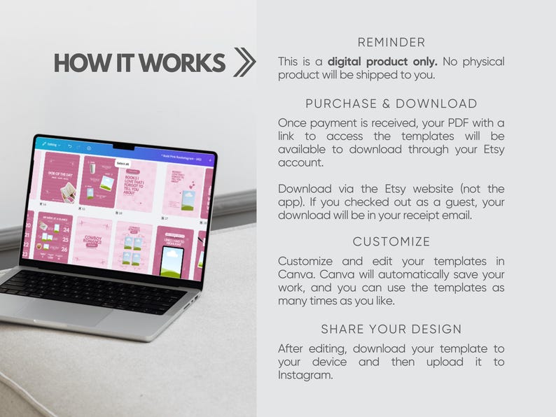 May include: A laptop displaying a grid of pink social media templates on its screen. The text on the right side reads: HOW IT WORKS, REMINDER, This is a digital product only, PURCHASE & DOWNLOAD, CUSTOMIZE, and SHARE YOUR DESIGN with instructions.