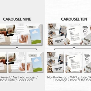 May include: A digital social media template set featuring two carousel layouts labeled Carousel Nine and Carousel Ten. The designs include placeholders for photographs, text boxes for book updates, reading progress charts, and book cover illustrations.