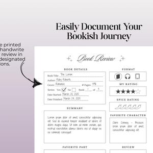 May include: A printable book review template with sections for book details, summary, favorite character, favorite part, and review. The template includes a space for a rating of the book and a spice rating.