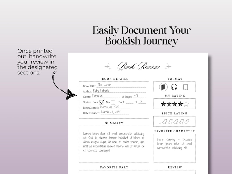 May include: A printable book review template with sections for book details, summary, favorite character, favorite part, and review. The template includes a space for a rating of the book and a spice rating.