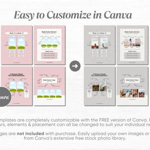 May include: Four pink and gray printable templates for book recommendations and reviews. The templates feature a book series review, a book vs. book comparison, a February book recommendations list, and a book series name template. The templates are customizable in Canva.