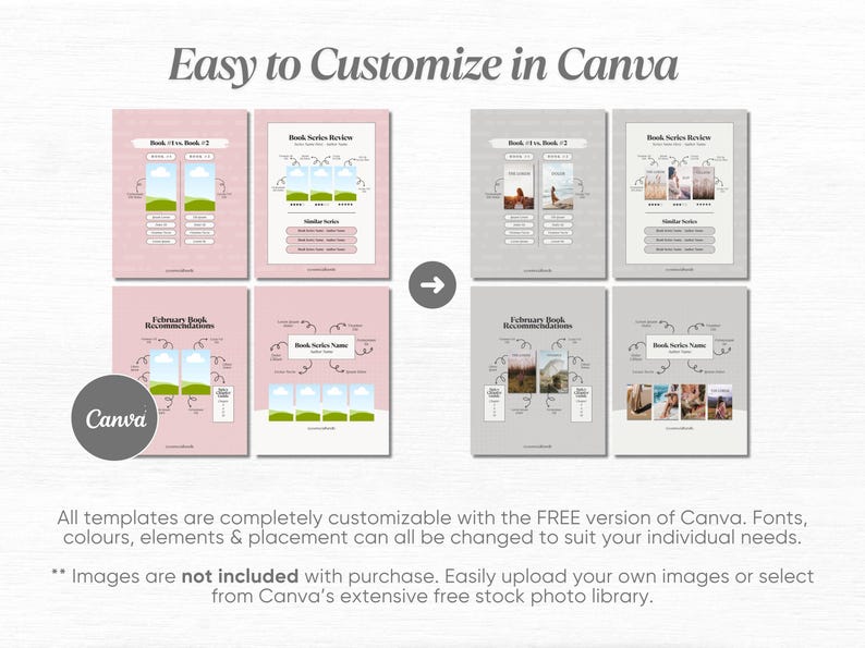 May include: Four pink and gray printable templates for book recommendations and reviews. The templates feature a book series review, a book vs. book comparison, a February book recommendations list, and a book series name template. The templates are customizable in Canva.