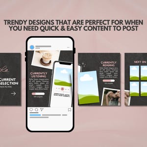 May include: A smartphone displaying a social media feed with four square templates featuring dark gray backgrounds, white text, and placeholders for images. The text includes phrases like CURRENT SELECTION, CURRENTLY LISTENING, CURRENTLY READING, and NEXT ON MY TBR.