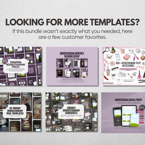 May include: A digital collection of social media templates featuring six distinct sets: Trending Bookstagram Posts, Monthly Reading Recap, 800+ Bookstagram Post Accessories, 20 Trendy Bookstagram Reel Templates, Trendy Bookstagram Carousels, and Bookstagram Digital Props.