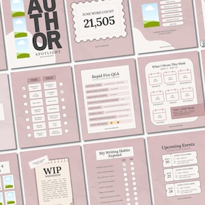 K&ouml;nnte beinhalten: Eine Sammlung rosa-wei&szlig;er Social-Media-Vorlagen f&uuml;r Autoren. Die Vorlagen enthalten Texte wie "Author Spotlight", "June Word Count 21,505" und "This or That".