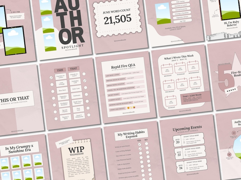 K&ouml;nnte beinhalten: Eine Sammlung rosa-wei&szlig;er Social-Media-Vorlagen f&uuml;r Autoren. Die Vorlagen enthalten Texte wie "Author Spotlight", "June Word Count 21,505" und "This or That".