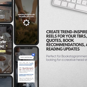 K&ouml;nnte beinhalten: Ein digitales Vorlagenset f&uuml;r Social-Media-Reels mit mehreren Smartphone-Bildschirmen, die buchbezogene Inhalte, Texteinblendungen und &auml;sthetische Bilder zeigen, sowie den Text: CREATE TREND-INSPIRED REELS FOR YOUR TBRS, QUOTES, BOOK RECOMMENDATIONS, AND READING UPDATES.