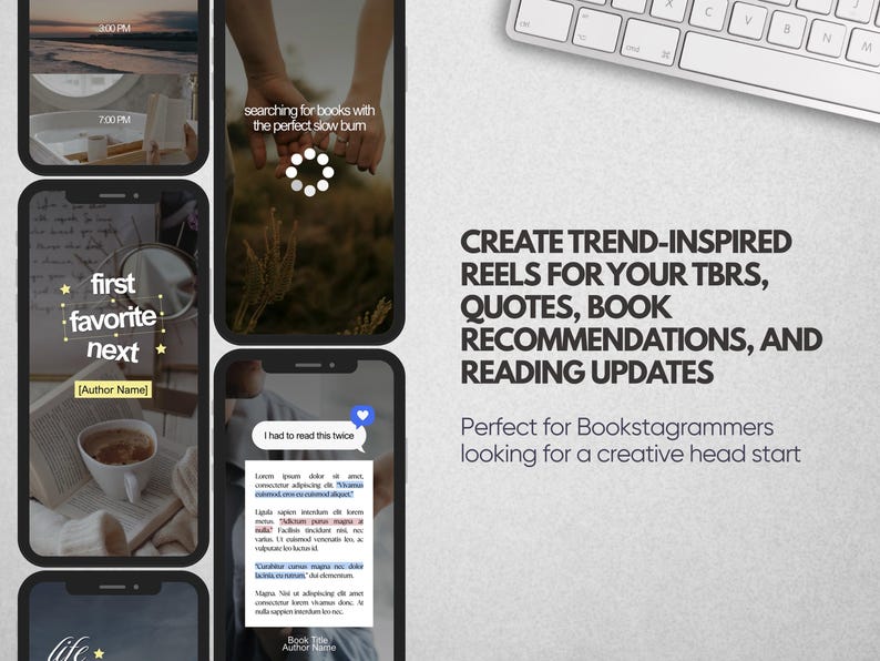 K&ouml;nnte beinhalten: Ein digitales Vorlagenset f&uuml;r Social-Media-Reels mit mehreren Smartphone-Bildschirmen, die buchbezogene Inhalte, Texteinblendungen und &auml;sthetische Bilder zeigen, sowie den Text: CREATE TREND-INSPIRED REELS FOR YOUR TBRS, QUOTES, BOOK RECOMMENDATIONS, AND READING UPDATES.