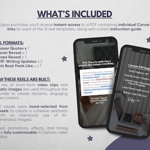 May include: A digital product listing featuring two smartphone screens displaying social media reel templates. The text includes WHAT'S INCLUDED, REEL FORMATS, and HOW THESE REELS ARE BUILT, detailing 12 Canva templates with video clips and static images.